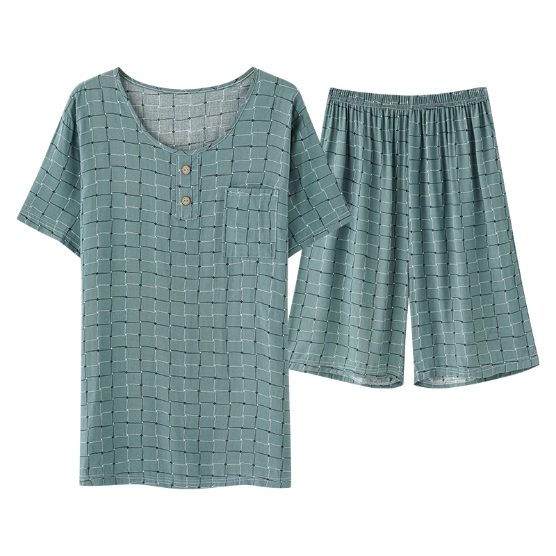 CAIYEIR 2022 Men Grid Print Pajamas Set Summer Short Sleeve Shorts Sleepwear For Men Loose Soft Cotton Nightwear Lounge Wear 3XL