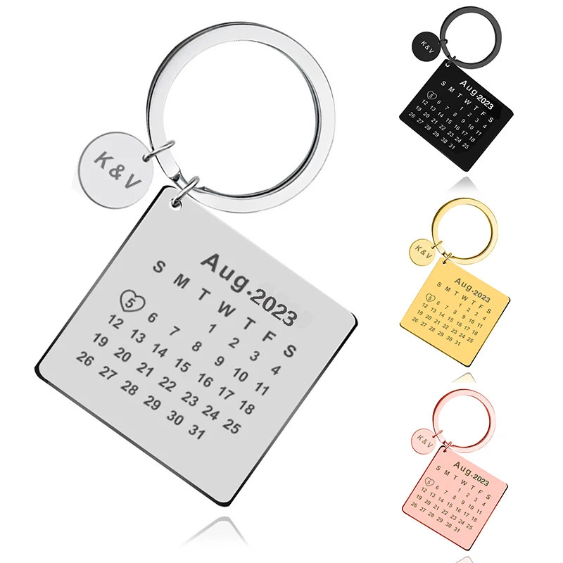 

Personalized Calendar Keychain Custom Stainless Steel Keyring Anniversary Wedding Valentine Gift for Women Men Boyfriend Husband