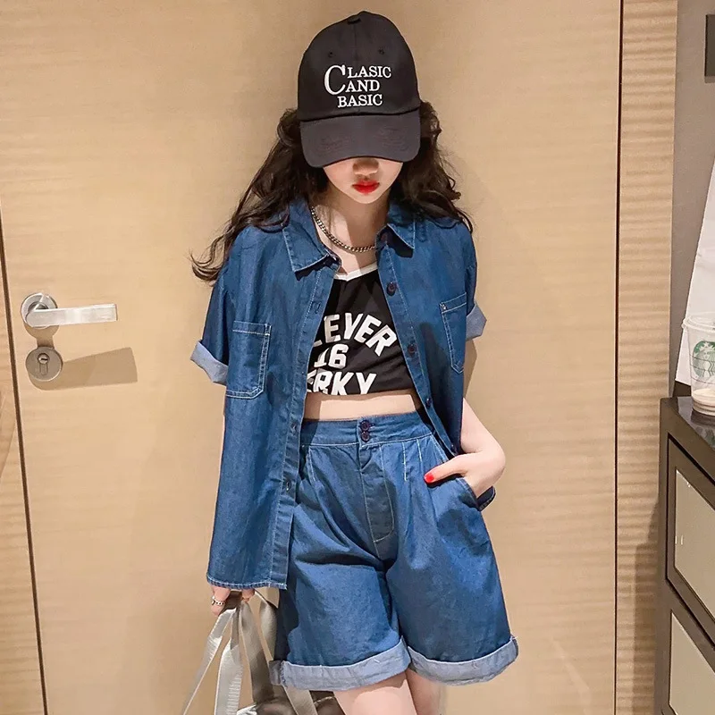 

teen Girls Denim clothes Set Summer Blue Short Sleeves Tops Shorts 2pcs Casual School Kids Outfits 10 12 13 14 Children Clothing