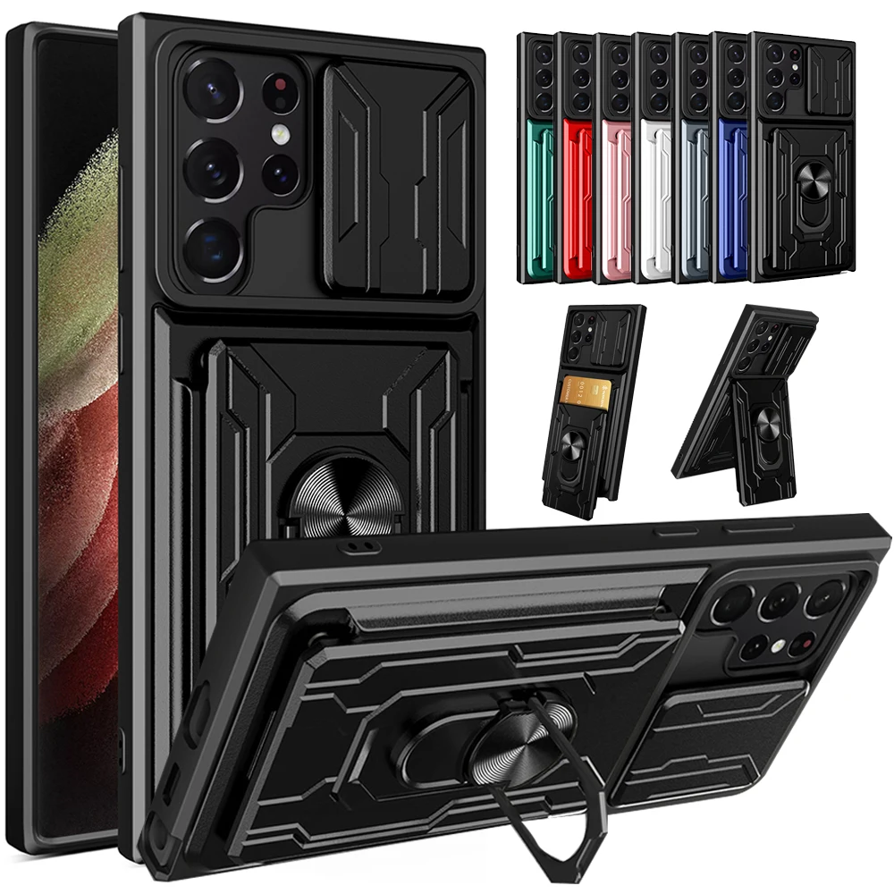 

Slide Stand Kickstand Ring Camera Military Grade Card Slot For Samsung S22 S21 Ultra Plus Case Galaxy Note 20 A13 A32 A73 A52 72