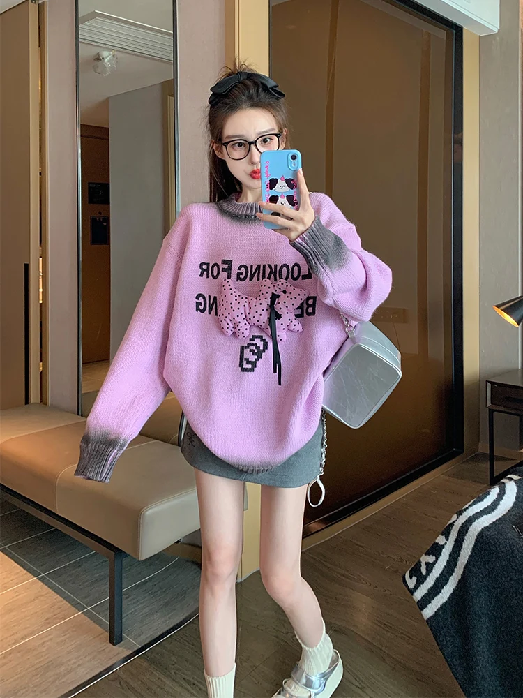 Фиолетовый трехмерный пуловер для щенков женский свитер на осень и зиму 2024 новый