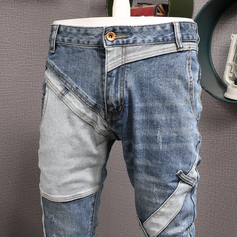 Streetwear Fashion Men Jeans Retro Blue Spliced Designer Slim Fit Ripped Jeans Men Elastic Vintage Trousers Hip Hop Pants Hombre