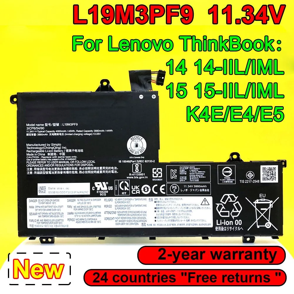 

L19M3PF9 Laptop Battery For Lenovo ThinkBook 14 14-IIL 14-IML,15 15-IML 15-IIL,K4E E4 E5,L19M3PF1 L19D3PF1 L19L3PF1 L19C3PF1
