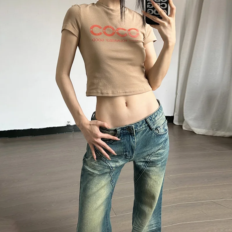 

Women's Wear T-shirt Solid Color Letter Printing Round Neck Unique Top Spicy Girls Show Navel High Waist Slim Pure Cotton Top