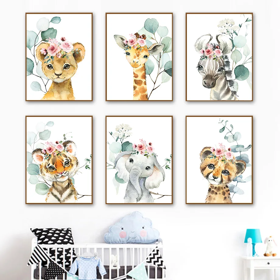 

Boho Giraffe Lion Leopard Elephant Zebra Flower Nursery Poster Wall Art Print Canvas Painting Cute Pictures Baby Kids Room Decor
