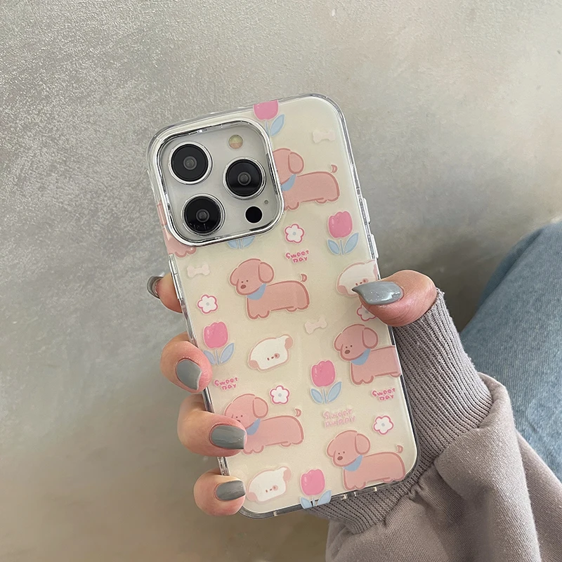 

Ins Tulip Puppy Shockproof Case For iPhone 14 Pro Max 13 11 12 Plating Silver Button Camera Protector Cover Capa