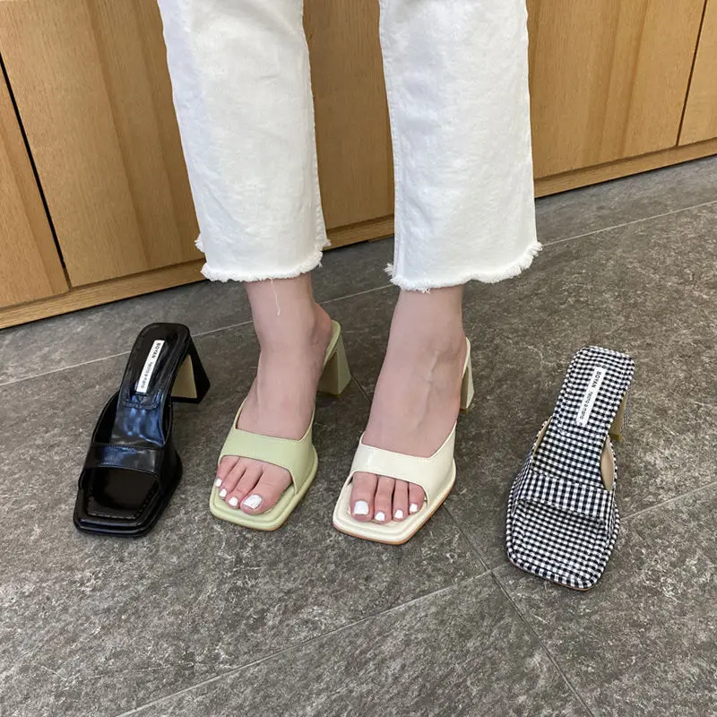 Square Toe 2023 Women Slippers New Summer Plaid Ladies Fashion Thick High Heels Female Pumps Elegant Shoes Slides Dress Design