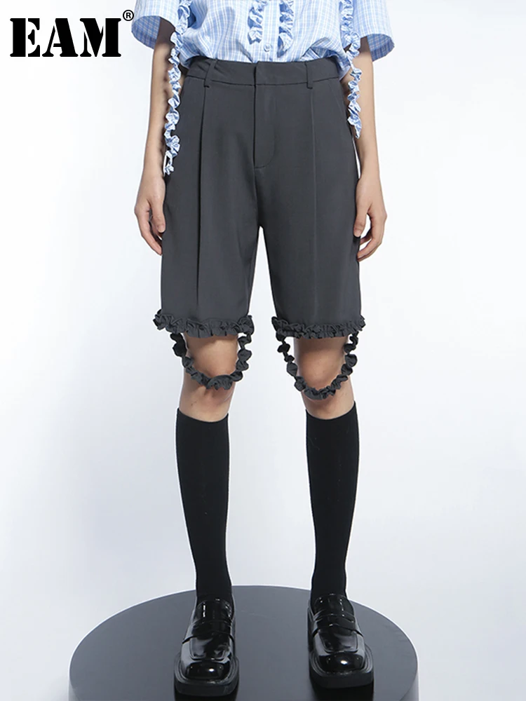 

[EAM] Gray Casual Ruffles Pleated Pocket High Waist Trousers New Loose Fit Pants Women Fashion Tide Spring Summer 2022 1DD9153