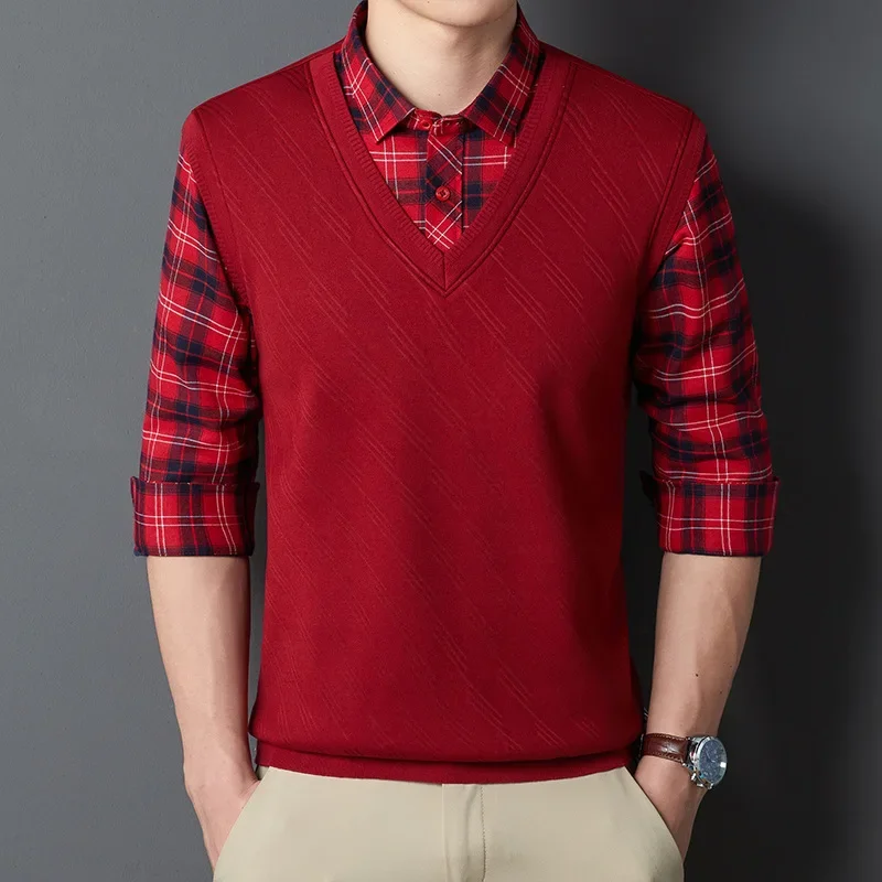 Men's Two-Piece Illusion Sweater Set Long Sleeve Pullover Shirt Collar Middle-Aged And Elderly Warm Fleece-Lined Thickened Knitt