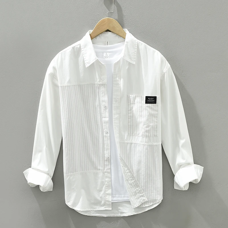 

Long Sleeve Shirt for Men White Cotton Linen Casual Striped Patchwork Tops Male New Button Up Hemp Shirt