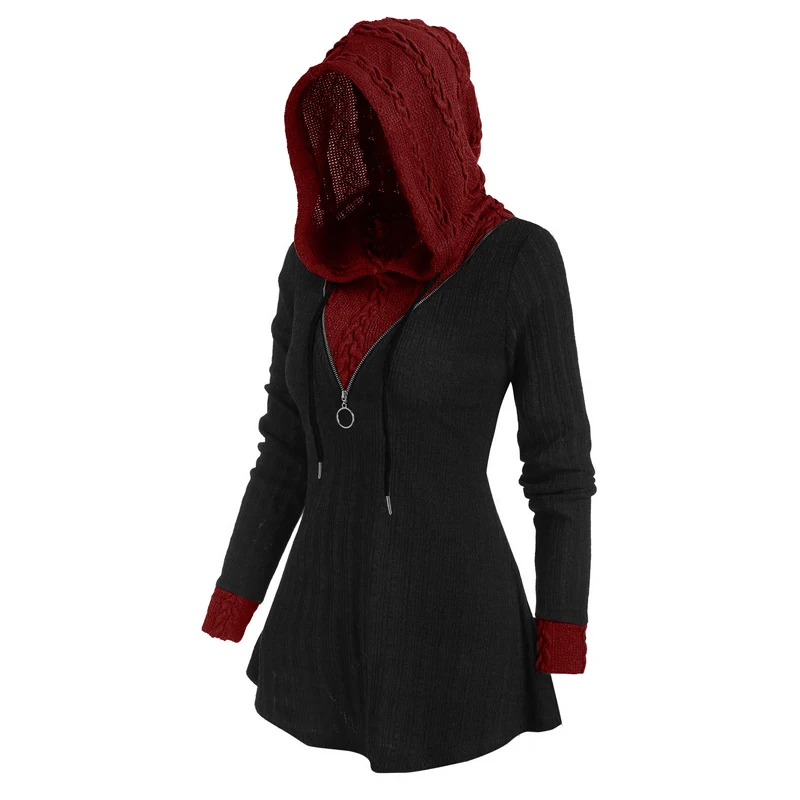 

S-2XL Two Tone Hooded Zip Embellished Sweater Jumper O Ring Zip Pullovers Female Drawstring Warm Tops For Winter