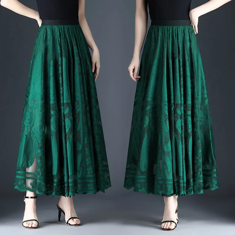 

Women Elegant Lace Beach Maxi Skirt 2023 Autumn Summer Casual Loose High Waist Long Skirt Vintage Boho Skirts Women Party Skirts