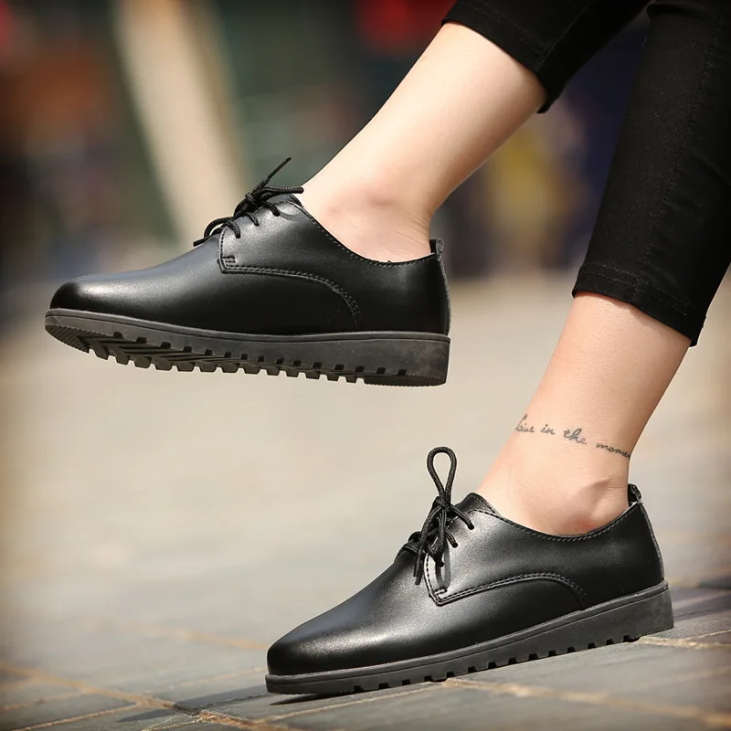 

Женские туфли 2021, корейский стиль, низкий верх, плоская подошва, шнуровка, повседневные, с круглым носком, кожаные туфли, бобы, маленькие, бел...