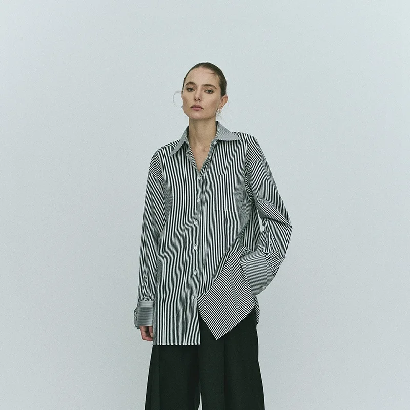 

Женская рубашка в полоску VC, новинка осень-зима 2023, Повседневная однобортная Свободная блузка с длинным рукавом
