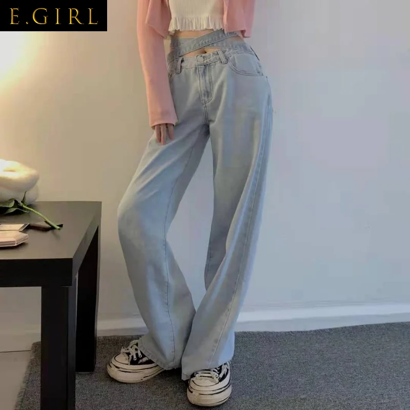 Jeans Women High Waist Lace Up Loose Wide Leg Trousers Full Length Stylish Boyfriend All-match Spring Design Light Blue Leisure