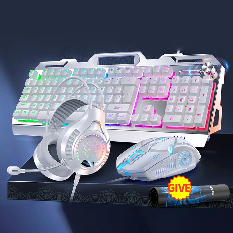 

Игровая подсветка, rgb клавиатуры, белая клавиатура, мышь, гарнитура, полный комплект для ПК, геймера, набор для компьютера, для киберспорта