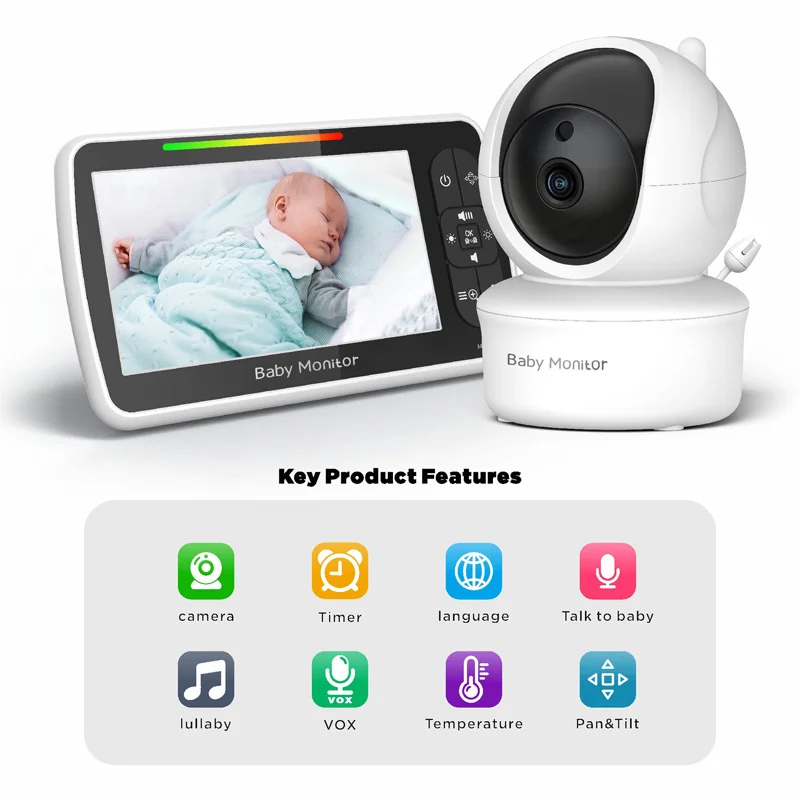 5-Inch Baby Monitor Two-way Voice Intercom Auto Infrared Night Vision Feeding Timer Remote Pan&Tilt Zoom In/Out Plug and Play