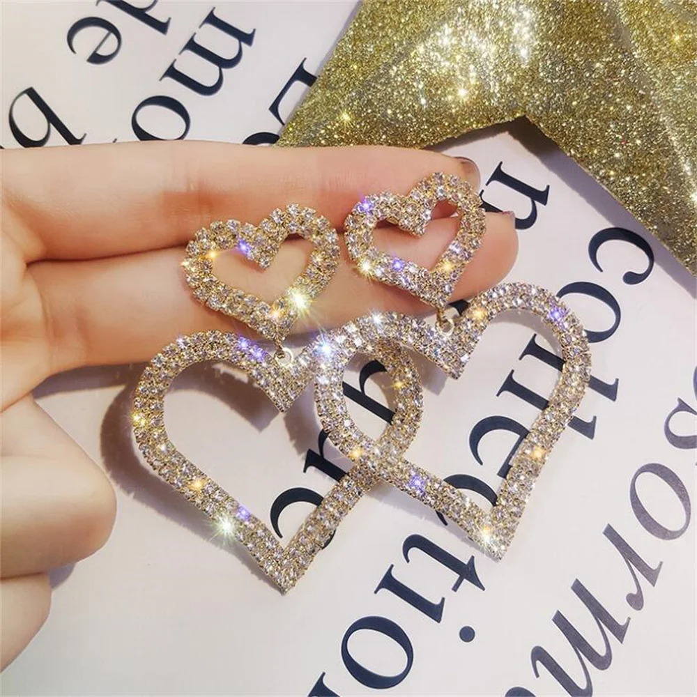 

European and American Fashion Exaggerated Inlaid Stone Double Heart Earrings Lady Temperament Accessories