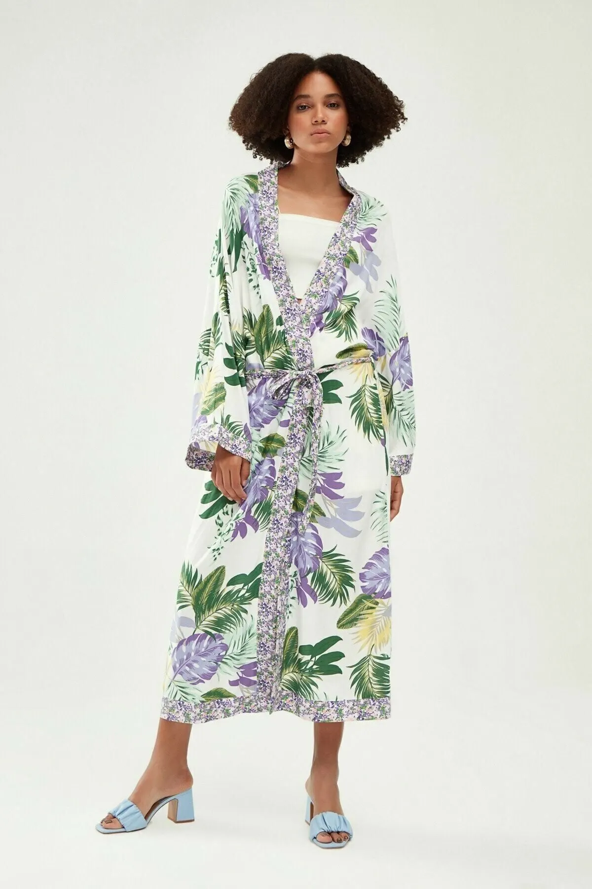 

Women's Kimono Patterned Belted Long Green Fashion Bathrobe For Ladies