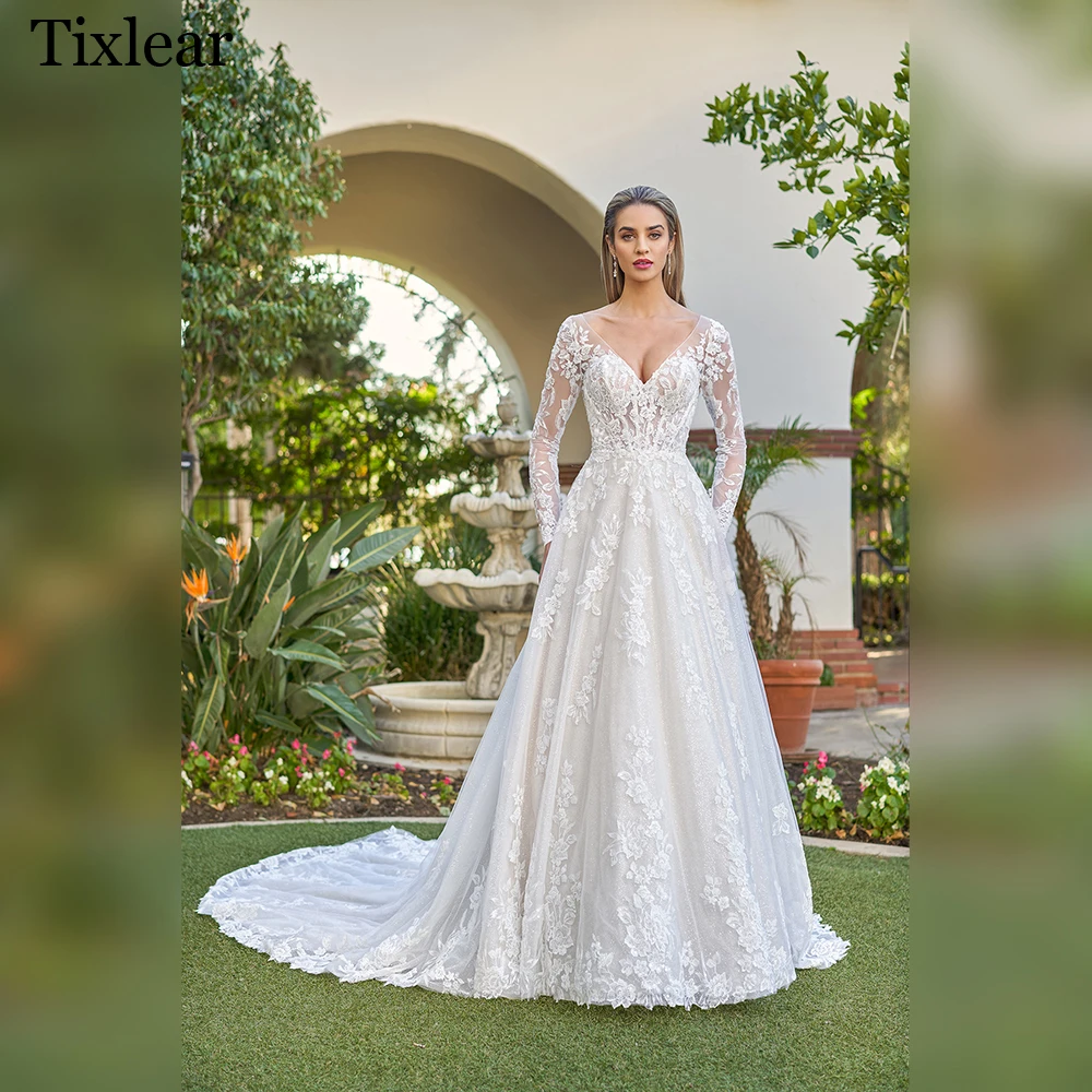

TIXLEAR Wedding Dresses For Woman 2023 Elegant A-line V-Neck Appliques Open Back Chapel Train Custom Made Vestidos De Novia