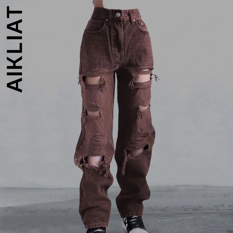 

Aikliat 2022 Hole Ripped Young Plus Size High Waist Denim Pants Loose Y2k Baggy Women Jeans Ladies Pants Hip Trousers Woman