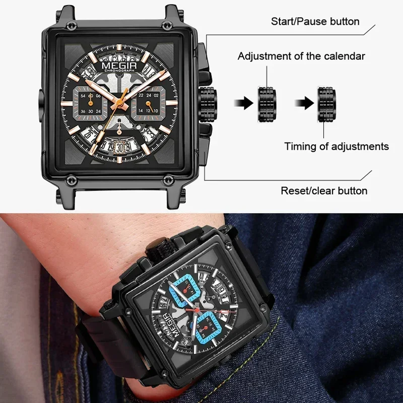 MEGIR черный квадратный циферблат модные мужские кварцевые часы с хронографом