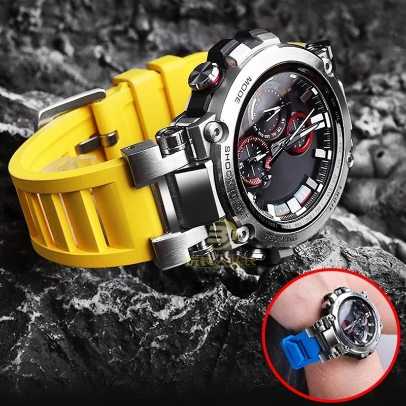 Фото Дышащий резиновый ремешок для G-SHOCK Casio Steel Heart MTG-B1000 MTG B1000, модифицированный ремешок для часов из фторкаучука, водонепроницаемый браслет №1