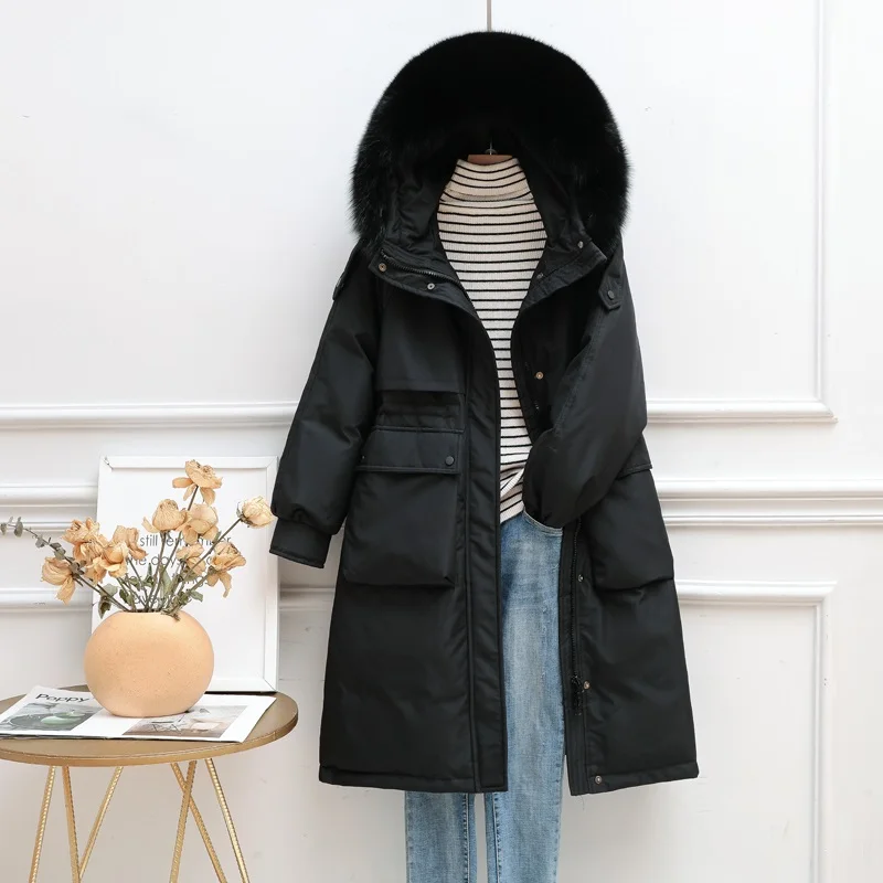 Solid Color Women White Duck Down Jacket Hooded Big Fur Collar New Parka Mid-length Thick Pocket Fashion Coat Fit Autumn Winter