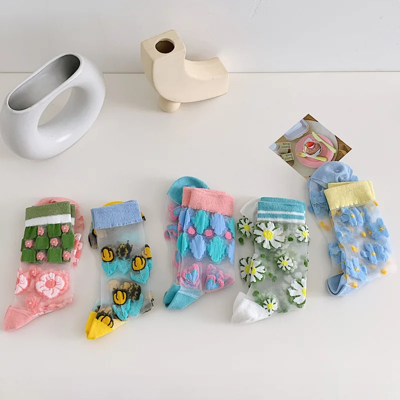 2023 Japanese Korea Fashion Jacquard Women Summer Cool Creative Floral Transparent  Trend Print Ultrathin Glass Silk Socks