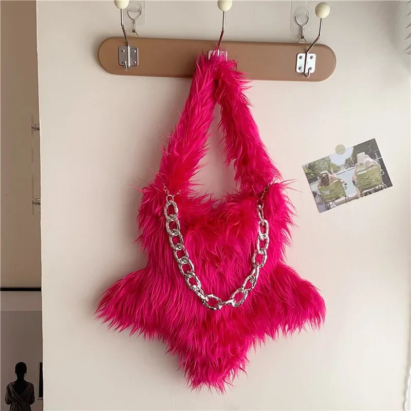 

Cute Plush Women Handbags Candy Color Star Design Shoulder Bag Winter Fluffy Faux Fur Bags for Women Warm Chains Shopper Purses