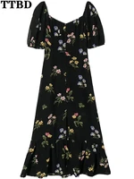 ttbd women 2022 french floral print slit ruffles midi dress vintage square neck puff sleeves female dresses summer vestidos