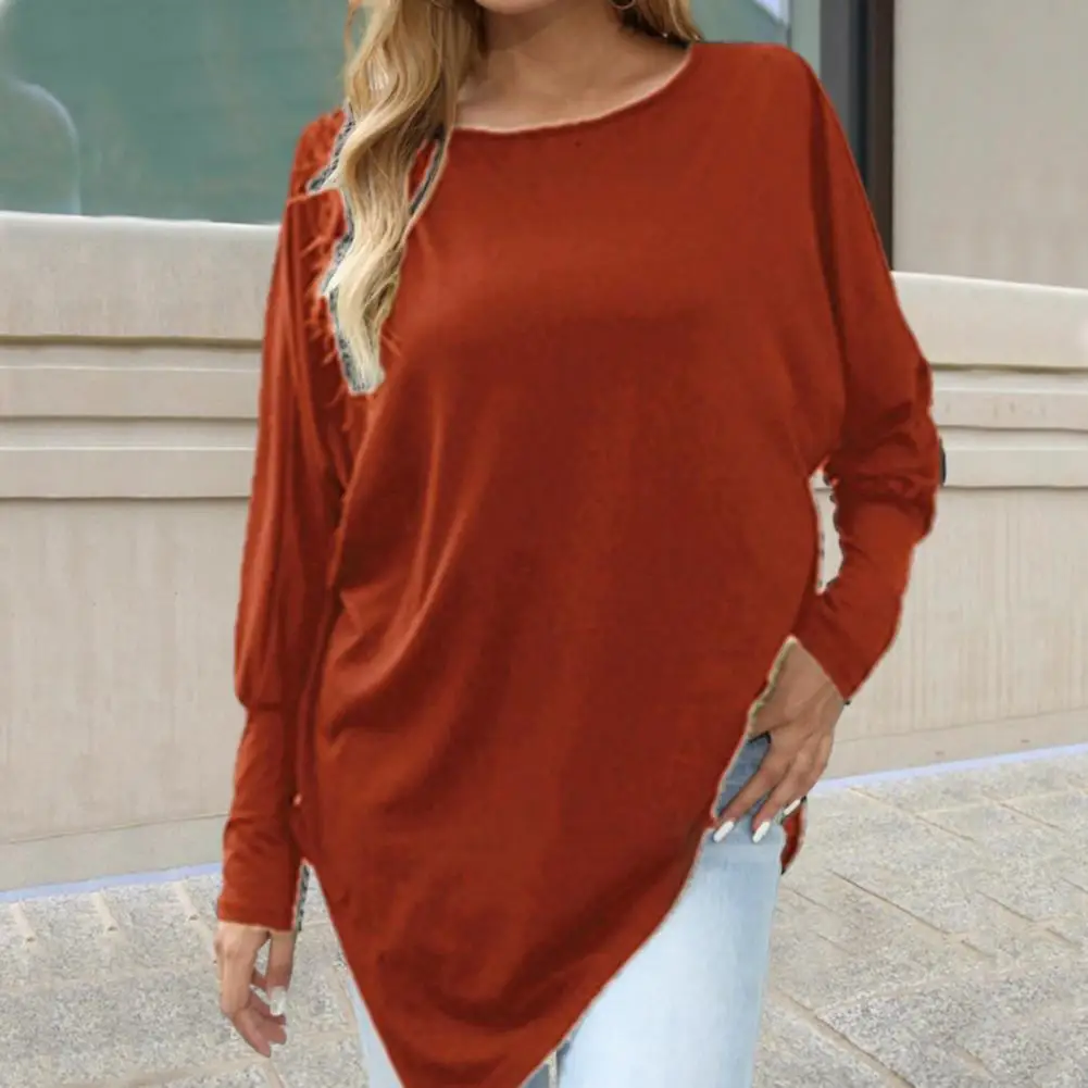 

Women Blouse O-neck Long Sleeve T-shirt Irregular Hem Women Top Solid Color Loose Fit Mid-length Tops Casual Tees Streetwear