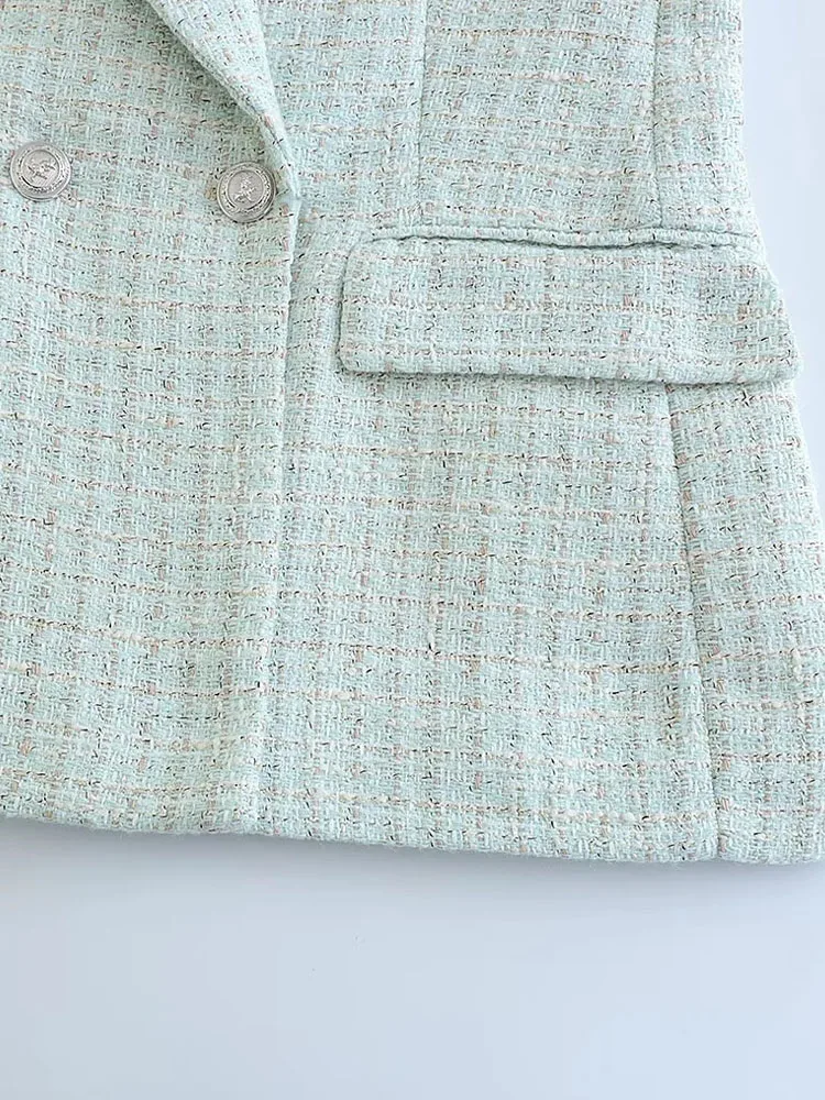 PAILETE Women 2023 fashion textured double breasted blazer coat vintage long sleeve flap pockets female outerwear chic veste