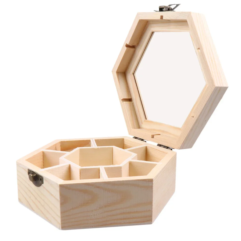 

Шкатулка-органайзер для ювелирных изделий, деревянная шкатулка для хранения с стеклянной крышкой и замком, шестигранная