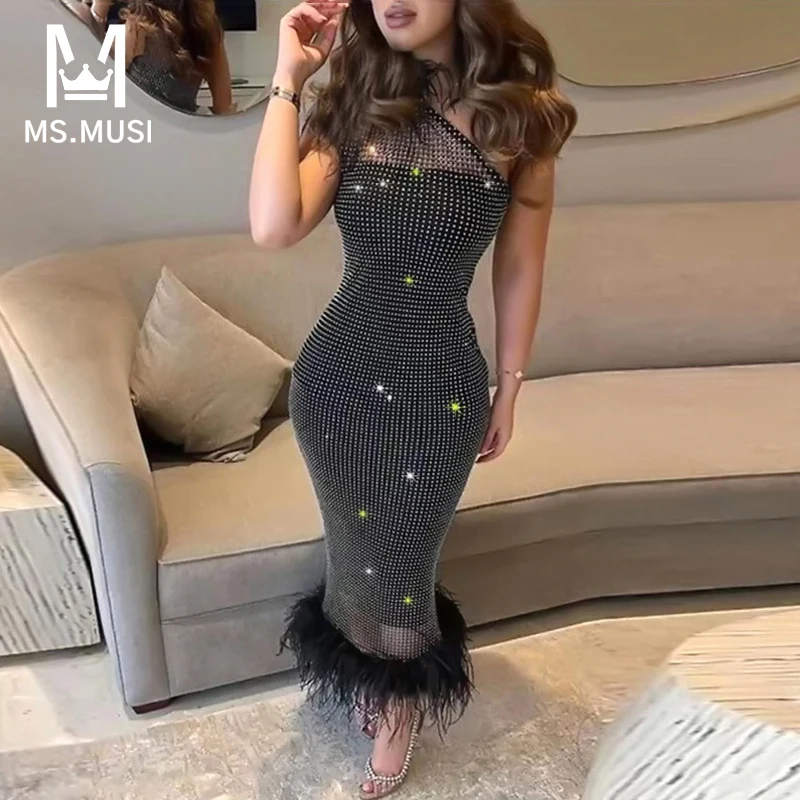MSMUSI 2023 New Fashion Women Sexy  Off The Shoulder Feather Sequins Bandage Sleeveless Bodycon Party Club Maxi Dress Long Gown