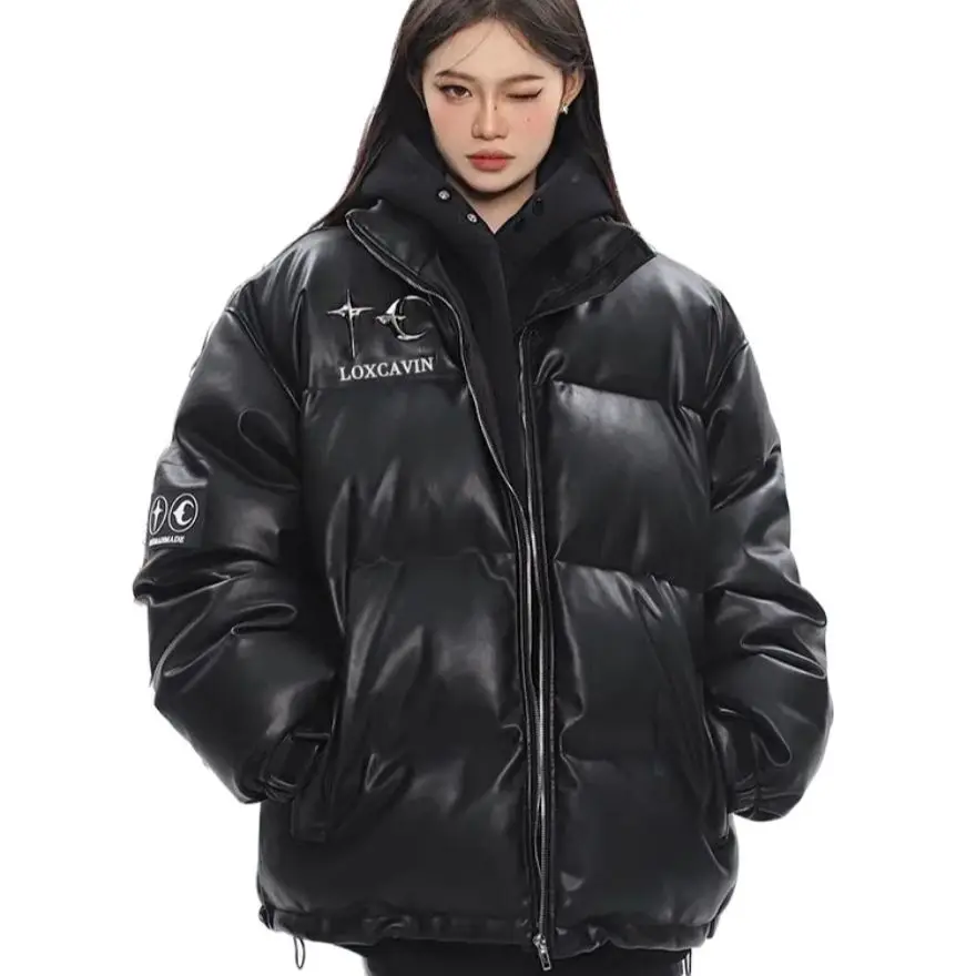 Winter new design metal PU leather cotton padded jacket womens Korean version thickened stand collar bread jacket jacket fashion enlarge