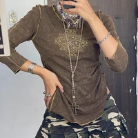 woman vintage brown t shirt long sleeve sweats tee aesthetic autumn spring crop top harajuku ethnic gothic grunge clothes y2k