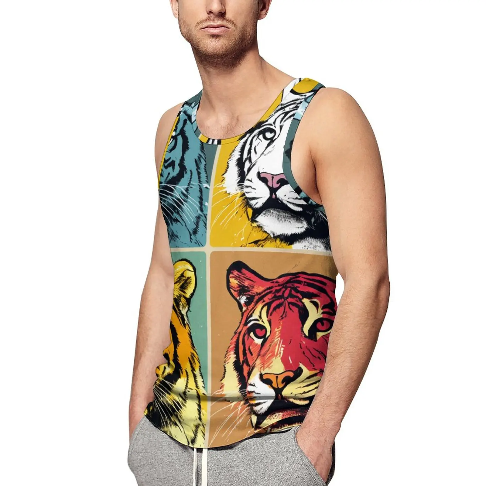 

Tiger Tank Top Mens Pop Art Memes Style Streetwear Tops Daily Training Design Sleeveless Vests Large Size 4XL 5XL