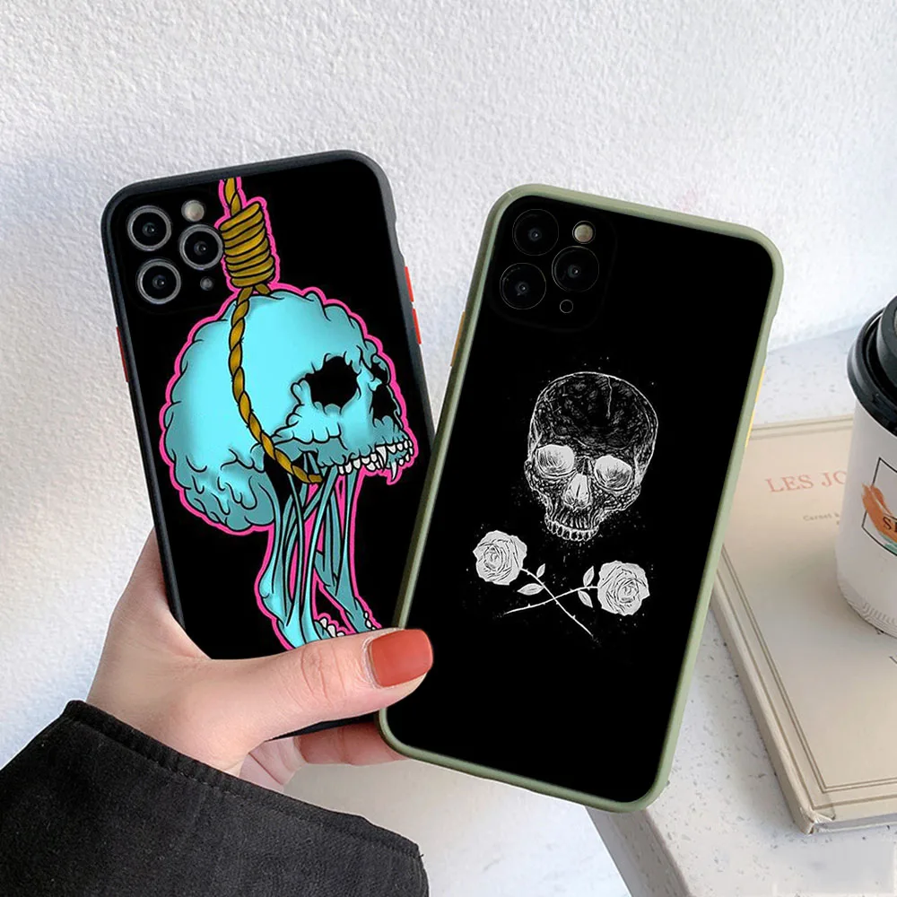 Phone Case For iPhone 16ProMax 15 14 7 8 16 Plus 13 12 Mini 11 XR X XS SE Retro Flower Skull Translucent Matte Soft Back Cover