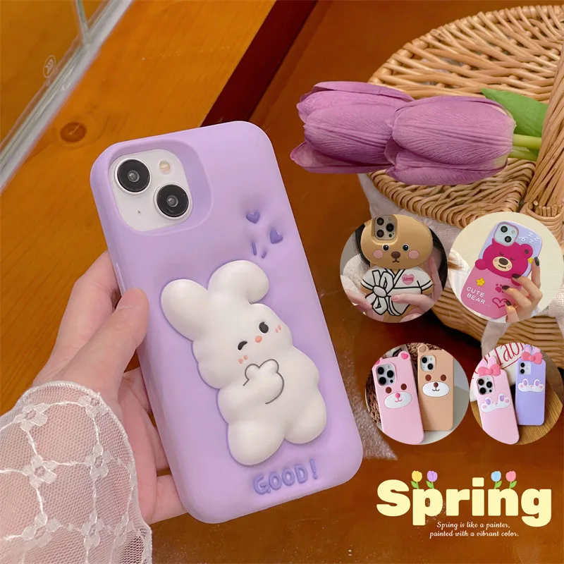 

Cute 3D Pattern Cartoon Purple Rabbit Phone Case For iPhone 14 13 12 11 Pro Max 14 Pro Soft Silicone Protector Covers
