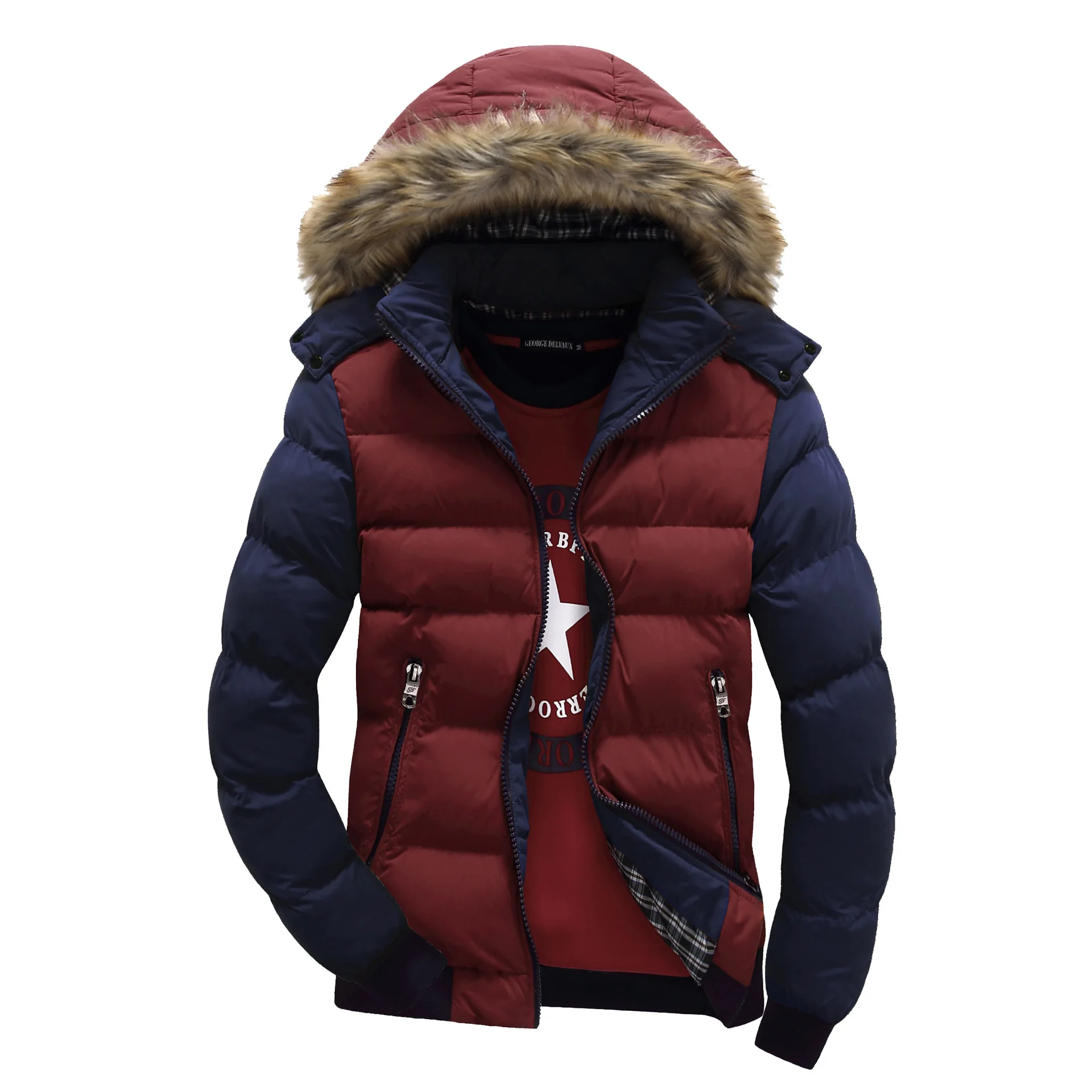 2022 Winter Casual Detachable Collar Zipper Pocket Fit Solid Brown Thickened Youth Zipper Coat