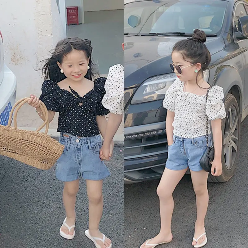 

Summer Baby Girls Shirt Dots Children Clothes Toddler Girl Puff Sleeve Top Crop Tops Boho Blouse Kids Clothing 3 To 8 Yrs