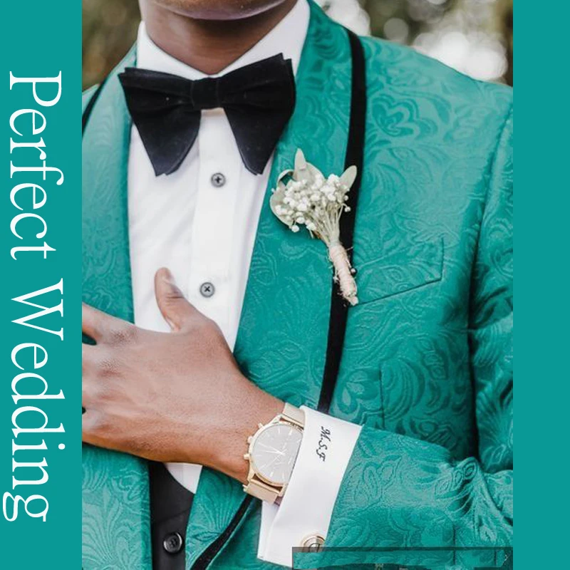 Tailored Made New Design Wedding Suit Mens Green Butterfly Pattern Jacquard  Luxury 2 Piece 2022 Prom Groom Set Tuxedos