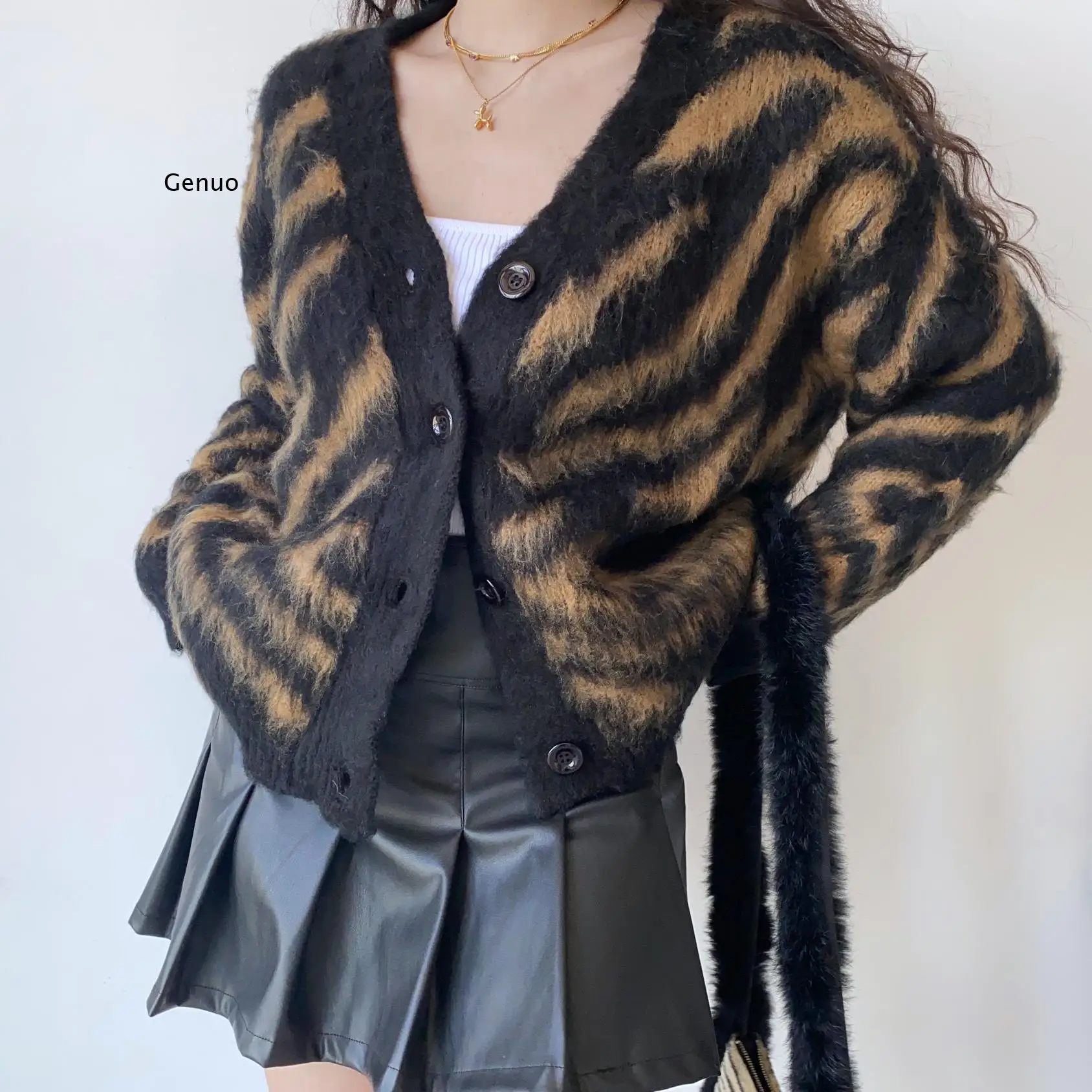 Vintage Leopard Cardigan Women Zebra Pattern V-neck Mohair Knitwear Ladies Fuzzy Loose Fleece Fluffy Sweaters Winter