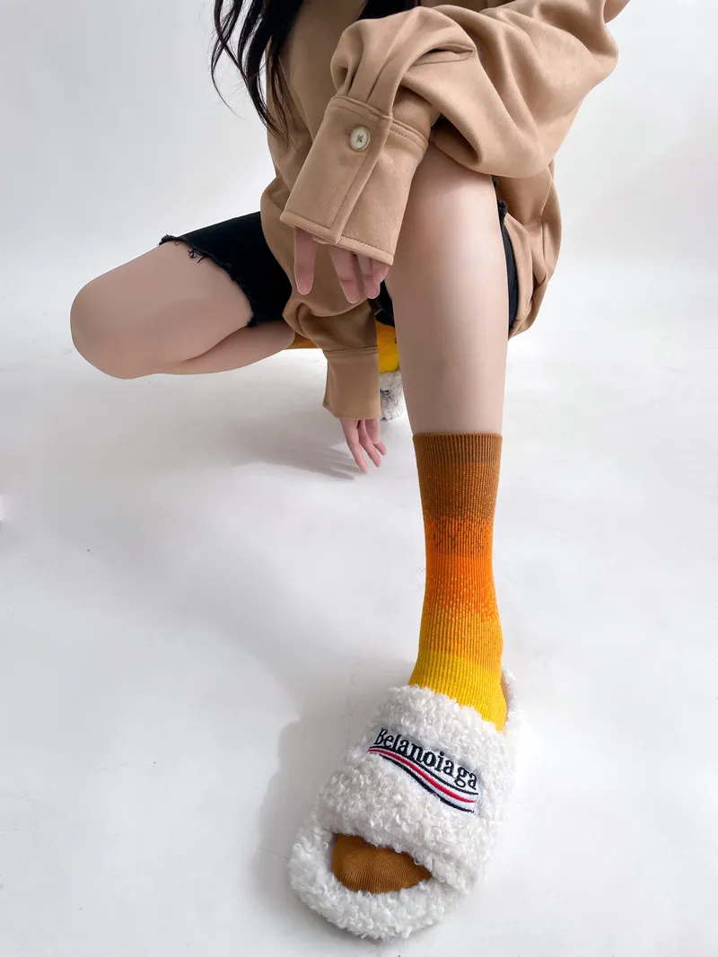 2pairs Trendy Double Needle Tie-Dye Gradient Color Personality Cotton Mid-Calf Socks