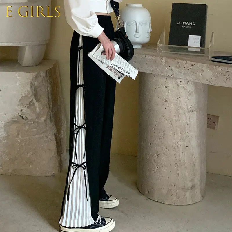 

E GIRLS Pants Women Patchwork Loose Summer Preppy Casual Style Wide Leg Trousers All-match High Waist Teens Cozy New Tide