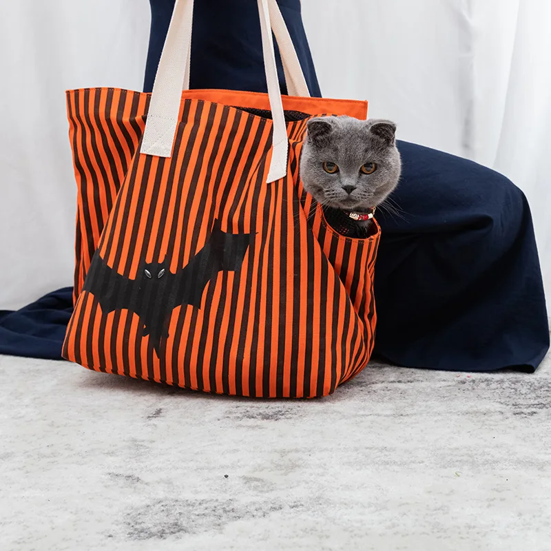 

Striped Halloween Bat Canvas Mesh Pet Handbag Pet Carrier Shouder Bag Travel Tote Pet for Small Pets Dog Cat Puppies Kittens