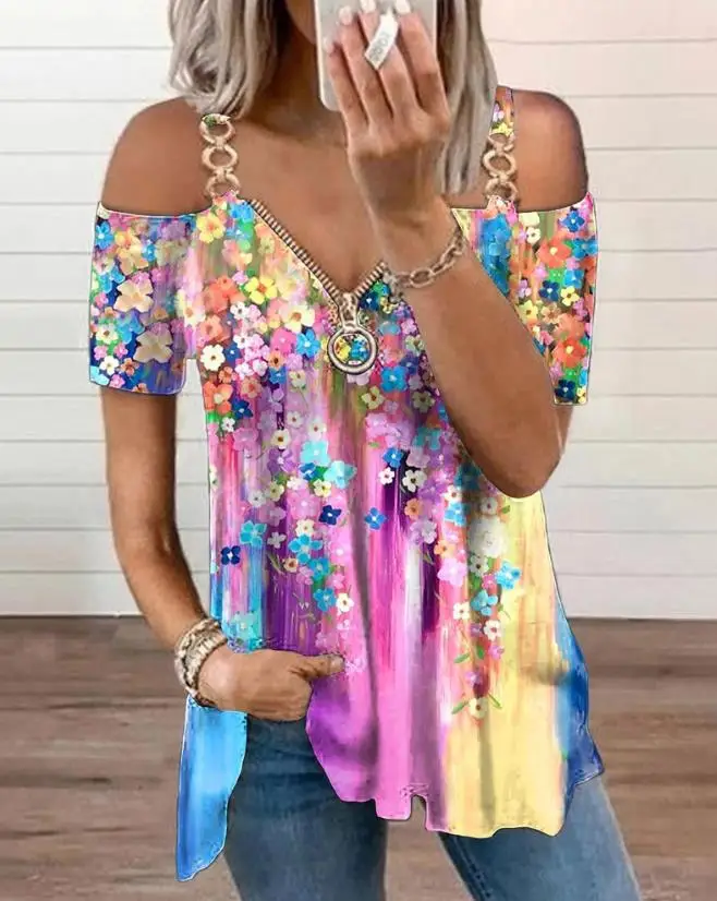 

New Hot Selling Fashion Casual Women's Printed Cold Shoulder Zipper Front Top Tank Top Spring/summer 2023