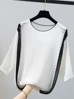 t shirt femme 2022 summer white t shirts for women half sleeved woman o neck hollow out pullover t shirt knitted casual clothing