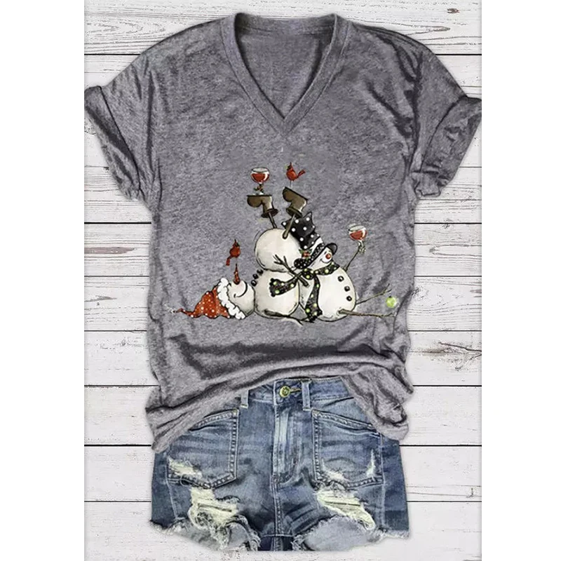 

Рождественская Женская винтажная хлопковая Футболка Rheaclot с V-образным вырезом в стиле ретро с изображением снеговика вина